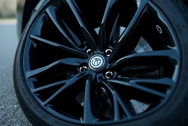 Close-up of a perfectly ceramic coated and gleaming car wheel with tire
