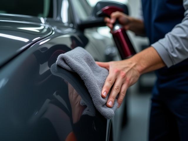 Chrome Stream technician spraying a special polymer solution onto a dark grey car panel and wiping with a premium microfiber towel.