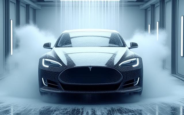 Advanced touchless car wash system in action, emitting gentle foam over a car