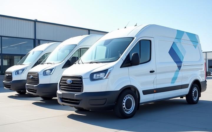 A line of perfectly clean, branded commercial fleet vans lined up, showcasing professional appearance