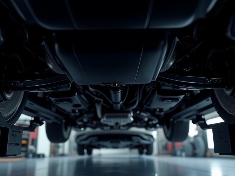 Shot looking under a car on a lift, revealing a spotless, clean black undercarriage