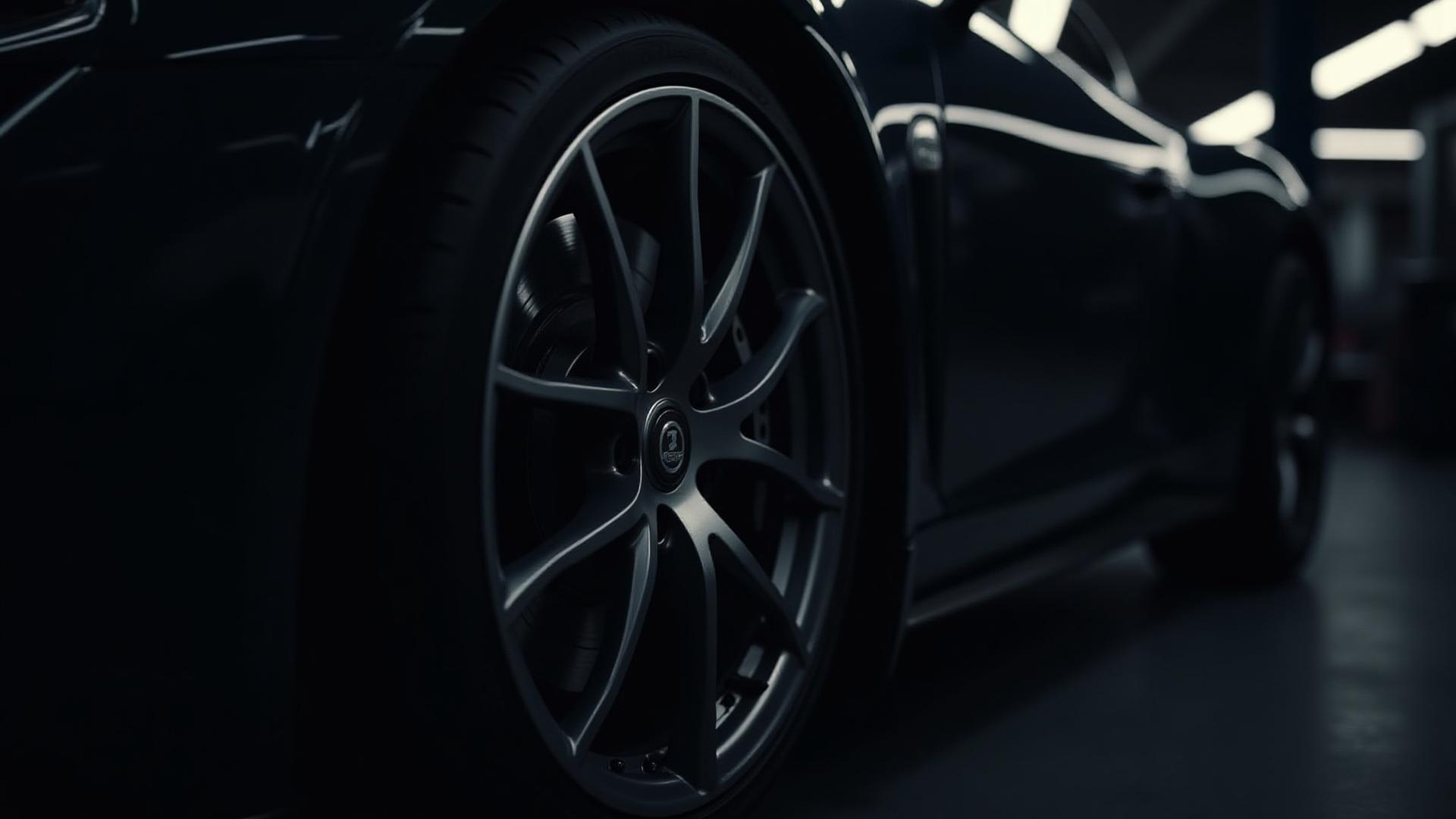 Perfectly clean and detailed car wheel, tire, and wheel well revealing meticulous care, low angle shot.